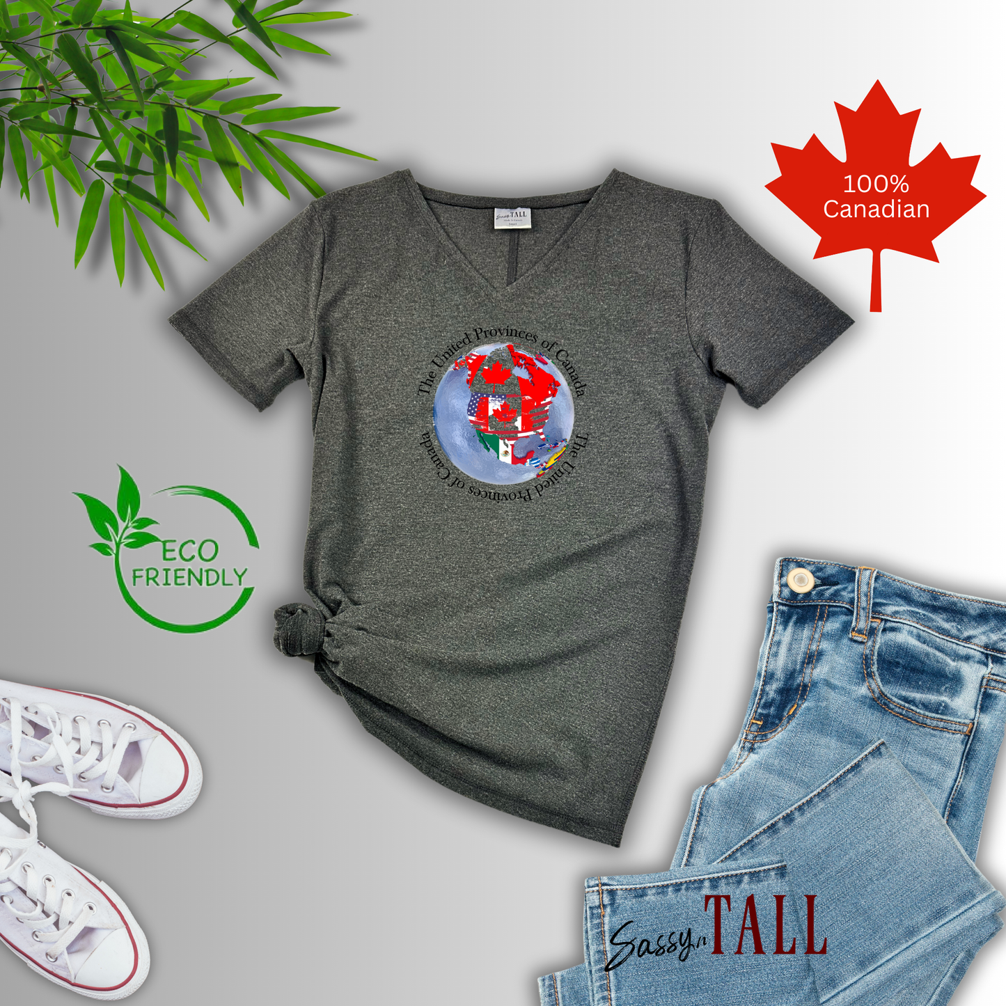 Flat lay of "United Provinces of Canada" shirt, minimalist map-inspired design, Canadian-made unity-themed apparel.