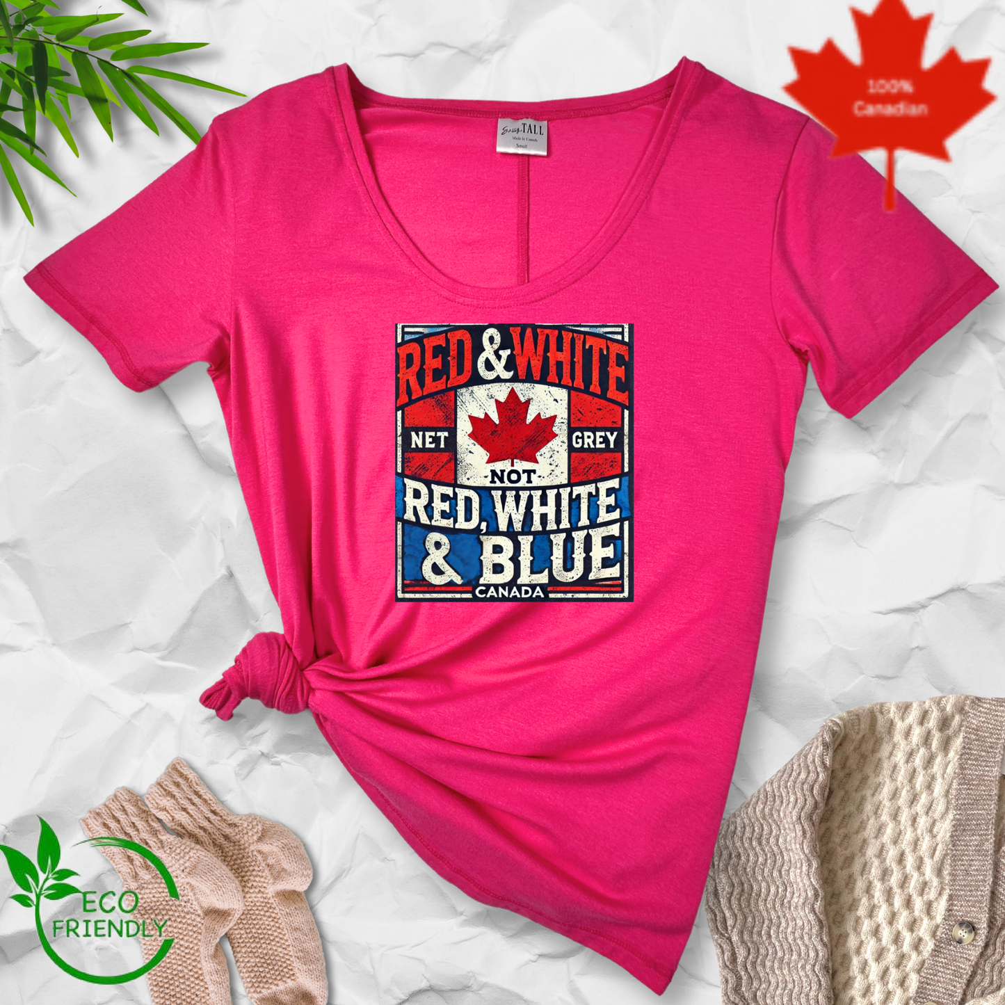 Close-up of "The Unbreakable North" tee, durable Canadian-made fabric, worn outdoors in cold weather setting.