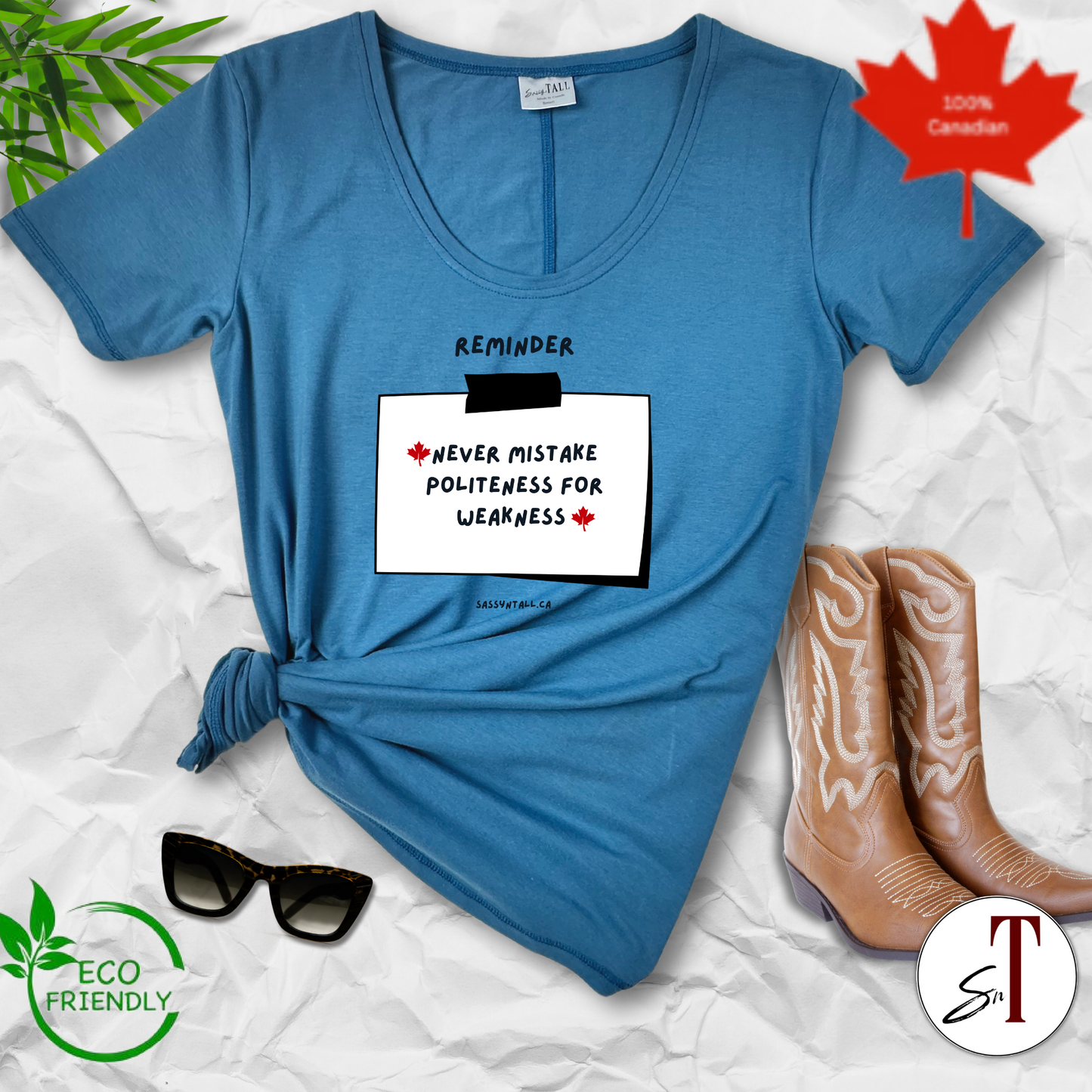 Woman in "Unyielding & Unapologetically Canadian" shirt, bold text across chest, proudly made-in-Canada design for strong Canadian identity.