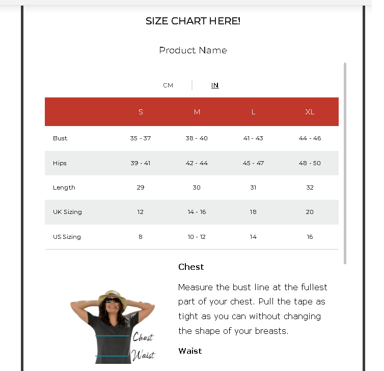 size chat for t-shirts