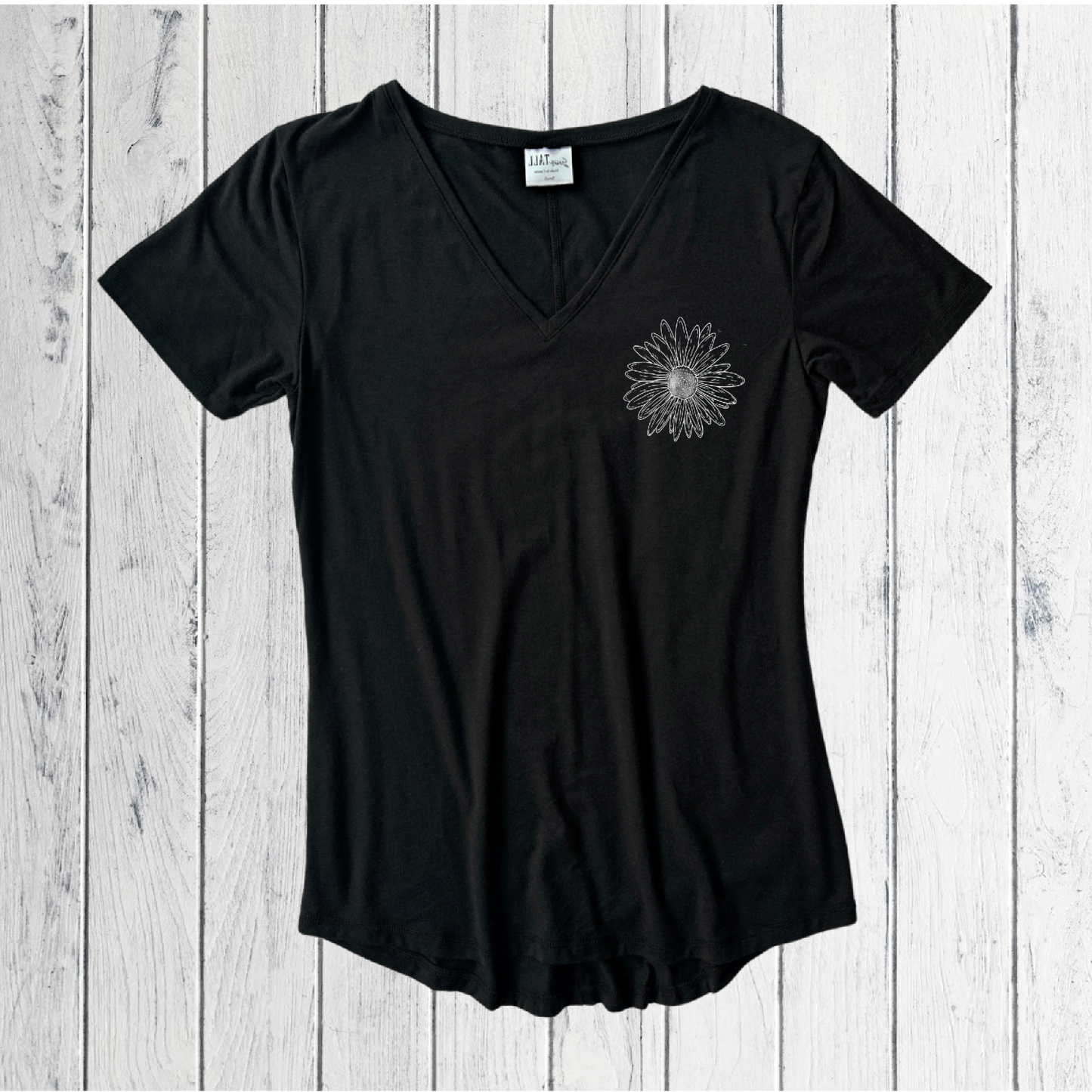 Woman's bamboo, tee with a  daisy over your heart, Feminine graphic on an extra high quality fabric.